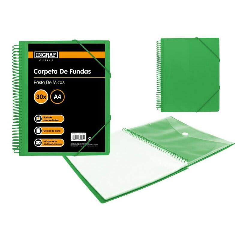 Ingraf Carpeta 30 Fundas Con Sobre Portadocumentos - Polipropileno Rigido - Espiral Plastica Indeformable - Apertura