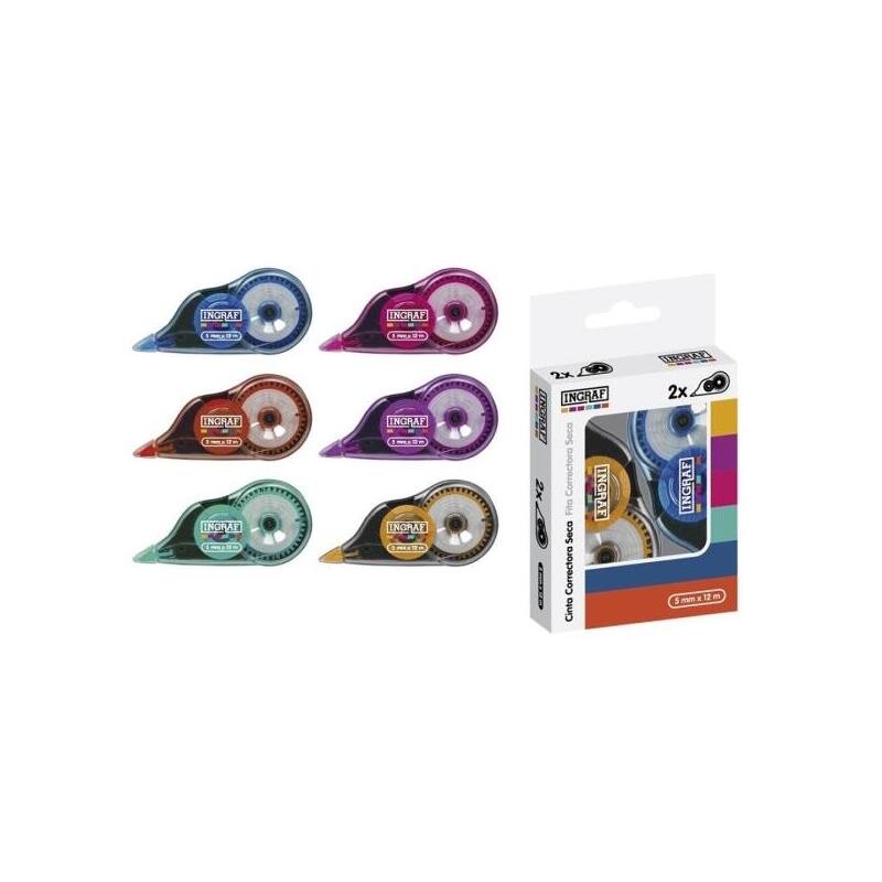 Ingraf Mediterraneo Pack De 2 Cintas Correctoras 5mmx12m - Perfecta Adherencia Al Papel - Cuerpo De Colores Surtidos