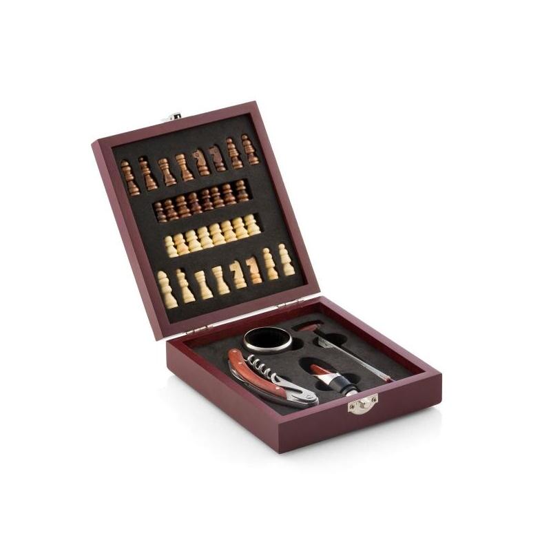 Innovagoods Set De 5 Accesorios Para Vino Con Juego De Ajedrez Completo - Material Madera Y Acero Inoxidable - Ideal