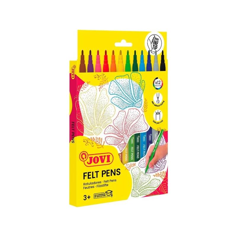 Jovi Felt Pens Estuche De 12 Rotuladores - Punta De 2mm - Amplia Variedad De Tonos - Tinta De Gran Fijacion - Capuchon