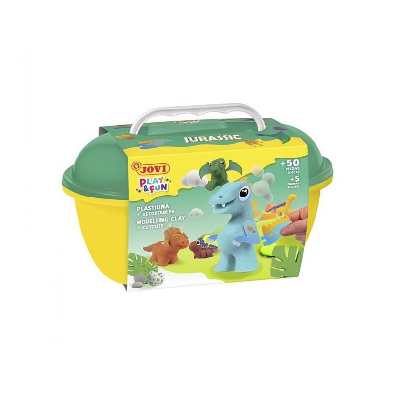 Jovi Play & Fun Cofre Jurassic Con 24 Barras De Plastilina 15gr + Modeladores + Recortables - Sin Gluten - Base Vegetal