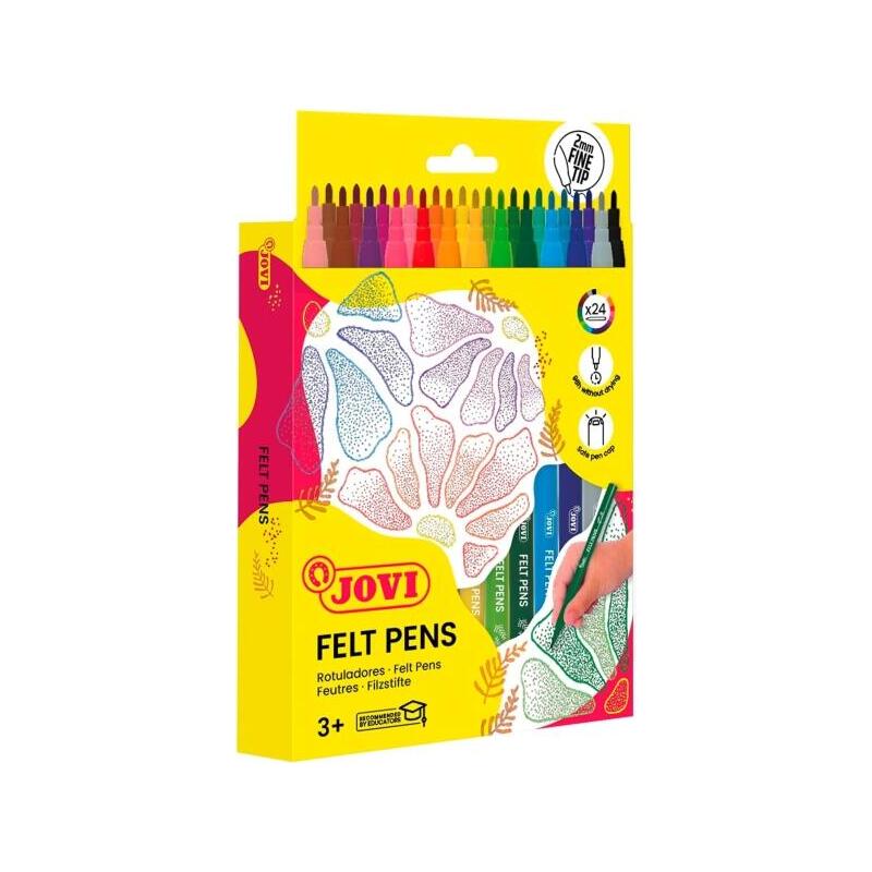 Jovi Rotuladores Punta Fina 2mm, 24 Colores Surtidos, Lavables, Tinta Base Agua, Estuche Escolar Dibujo Y Manualidades, Aptos Para Niños Y Adultos, Multicolor
