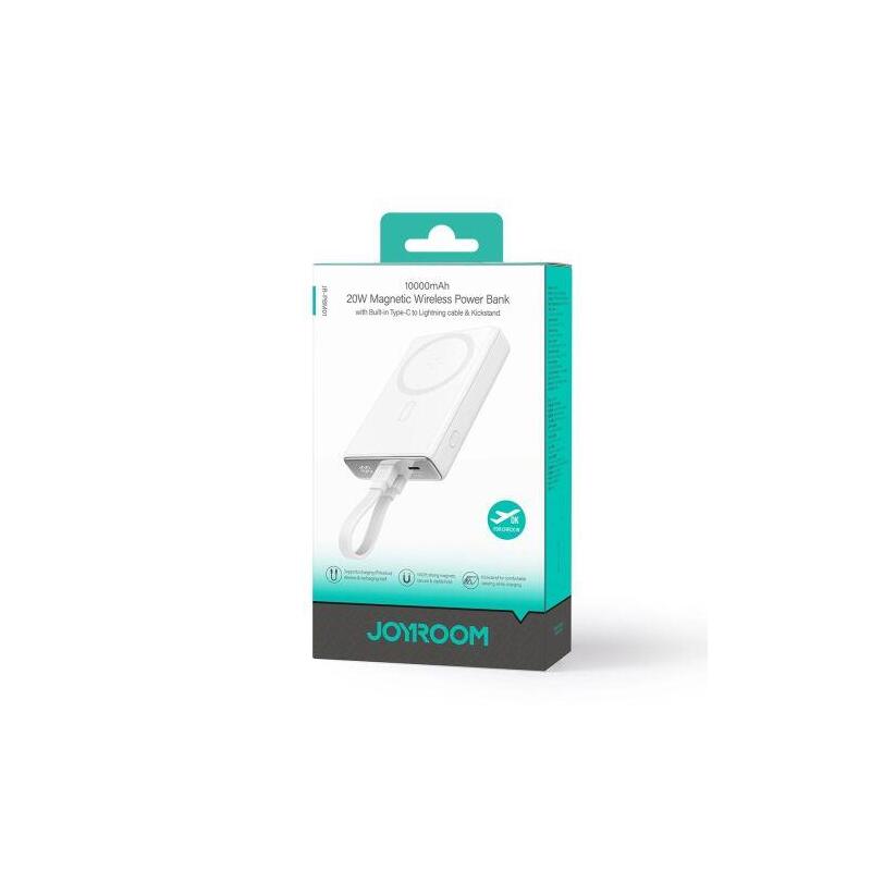 Joyroom Power Bank Magnetic Wireless Charging, Magsafe 15w, C+Lightning. Pd 20w, 10000 Mah With Type-C - Lightning Cable, White (Jr-Pbm01)