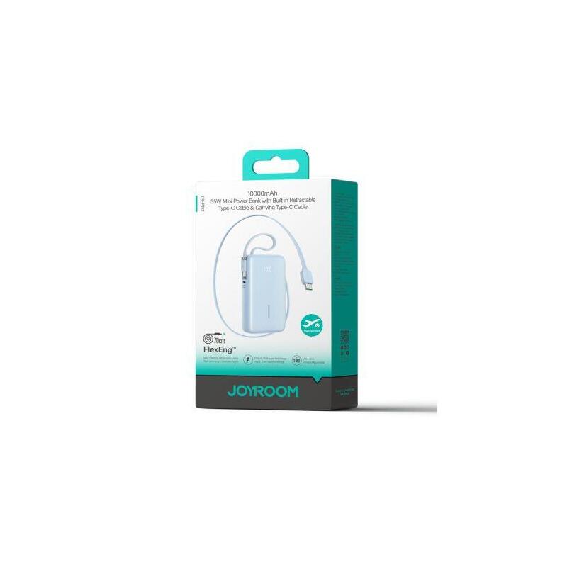 Joyroom Power Bank With Digital Display, C+U+U, Pd 35w, 10000 Mah With Built-In Retractable 2x Type-C Lanyard Cable (0.7m) Blue (Jr-Pr2l)