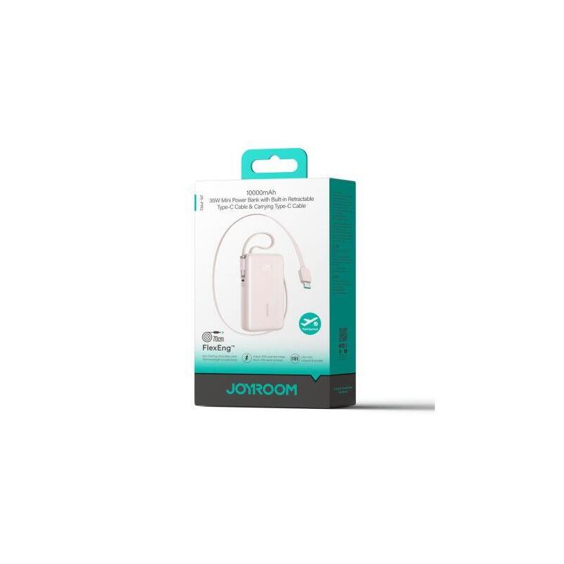 Joyroom Power Bank With Digital Display, C+U+U, Pd 35w, 10000 Mah With Built-In Retractable 2x Type-C Lanyard Cable (0.7m) Pink (Jr-Pr2l)