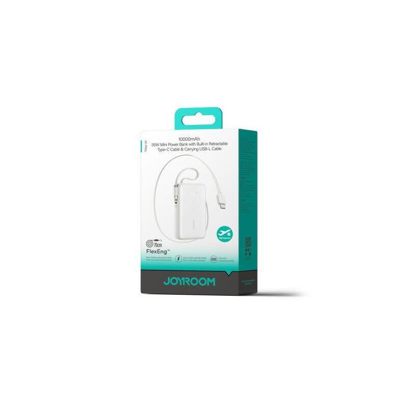 Joyroom Power Bank With Digital Display, C+U+U, Pd 35w, 10000 Mah With Built-In Retractable Typle-C And Lightning Lanyard Cable (0.7m) White(Jr-Pr2l)