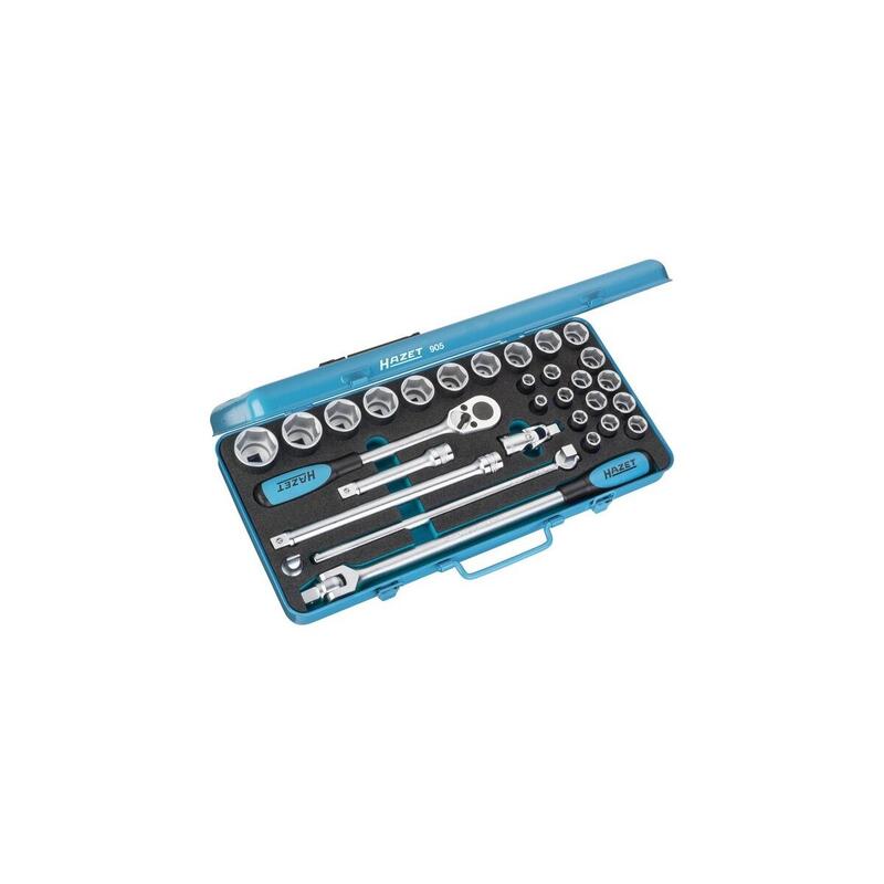 Juego De Llaves De Tubo Hazet 905, 1/2", 30 Piezas, Juego De Herramientas Azul, Con Carraca Reversible 4000896045846