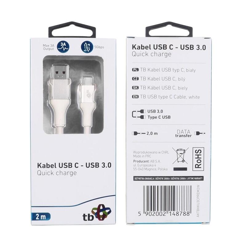 Kabel Usb 3.0 - Usb C 2m Premium 3a Bialy Tpe