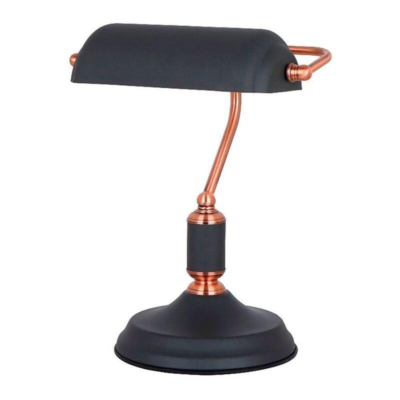 Lámpara De Mesa, E27, Tipo Banquero, Negra+Cobre; Base Ø185 Mm; 260 X 195 X 345 Mm