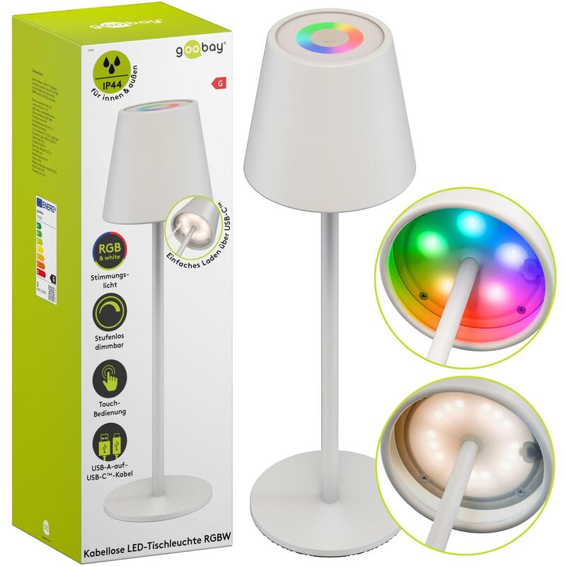 Lámpara De Mesa Led Inalámbrica Rgbw, Blanca
Con Control Táctil, 150 Lm, Numerosos Colores De Luz Rgb Y Blanco Cálido (3000 K),