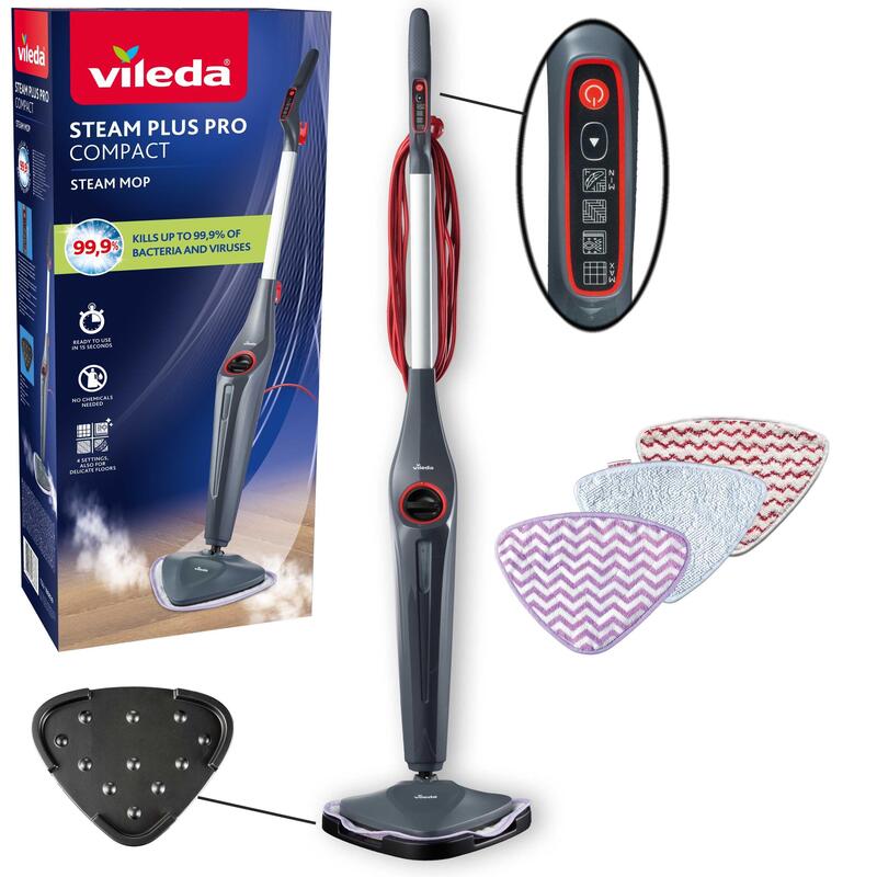 Limpiador A Vapor Vileda Steam Plus Pro Compact Elimina Hasta El 99,9% De Las Bacterias Y Virus Para Suelos Sensibles 4 Niveles De Vapor Soporte De Almacenamiento Envase Ecológico