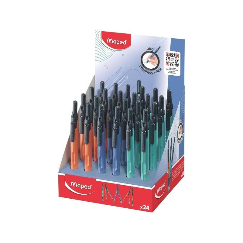 Maped Duo+Pen Expositor Con 24 Compases Duo - Compas Que Se Puede Utilizar Como Portaminas - Clip De Bolsillo - Colores