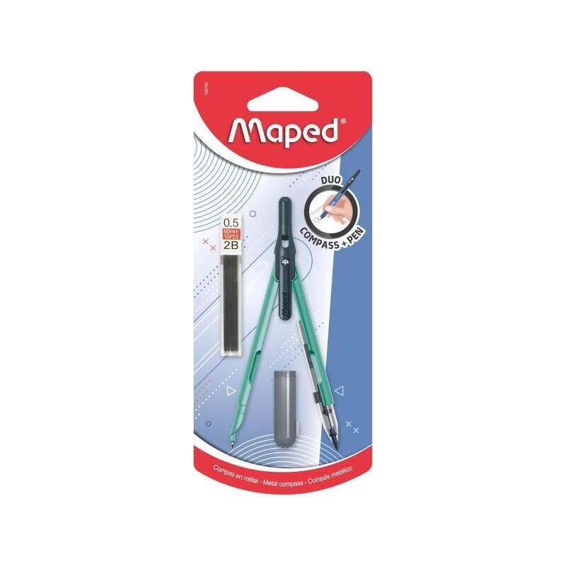 Maped Duo+Pen Pack De Compas Duo + Cajita De Minas - Compas Que Se Puede Utilizar Como Portaminas - Clip De Bolsillo -