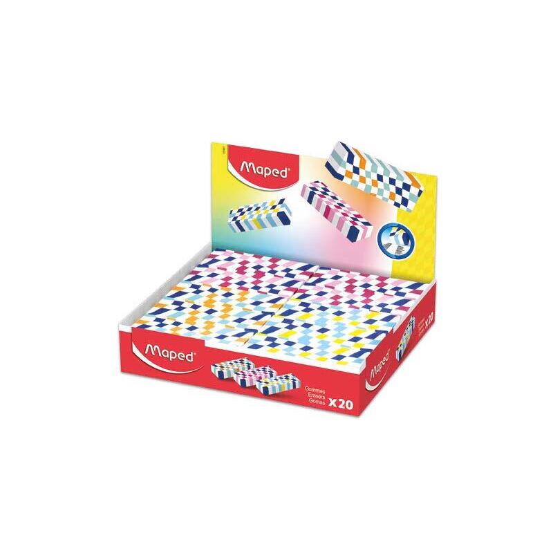 Maped Expositor De 20 Gomas De Borrar Con 3 Diseños Damero - Forma Rectangular - Sin Ftalatos - Colores Surtidos