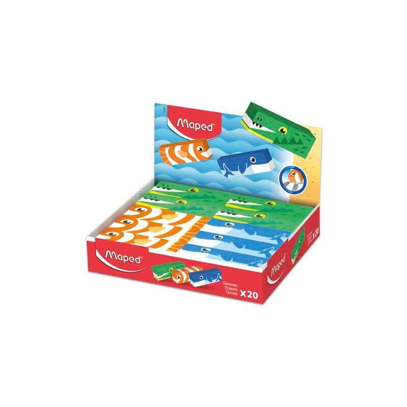 Maped Expositor De 20 Gomas De Borrar Con 3 Diseños De Animales - Forma Rectangular - Sin Ftalatos - Colores Surtidos