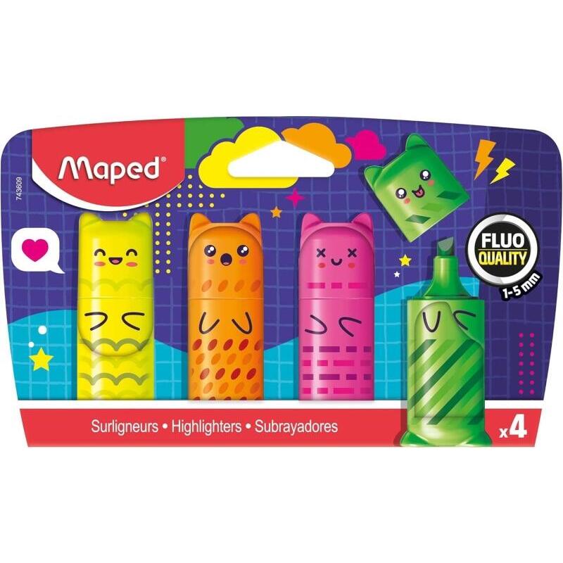 Maped Kawaii Pack Con 4 Mini Marcadores Fluorescentes Neon - Divertidos Diseños Kawaii - Trazo De 1 A 5mm - Ideal Para