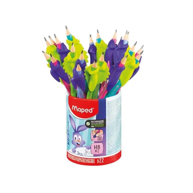 Maped Kidy Lern Bote Con 22 Lapices De Grafito 2hb + Guias Para Dedos - 2 Modelos Camaleon Y Conejo - Apta Para La