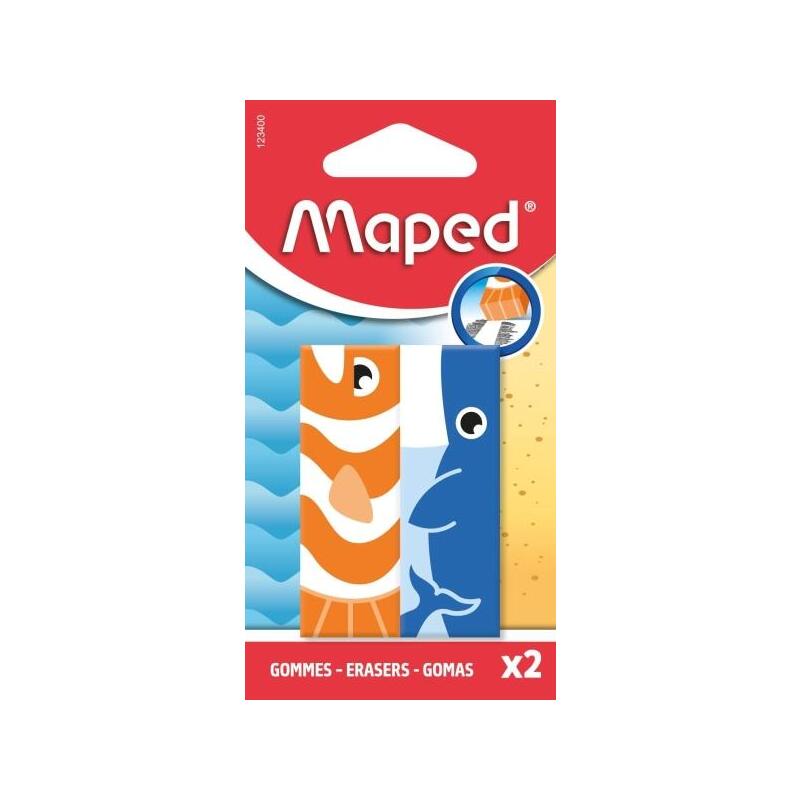Maped Pack Con 2 Gomas De Borrar Con 3 Diseños De Animales - Forma Rectangular - Sin Ftalatos - Colores Surtidos