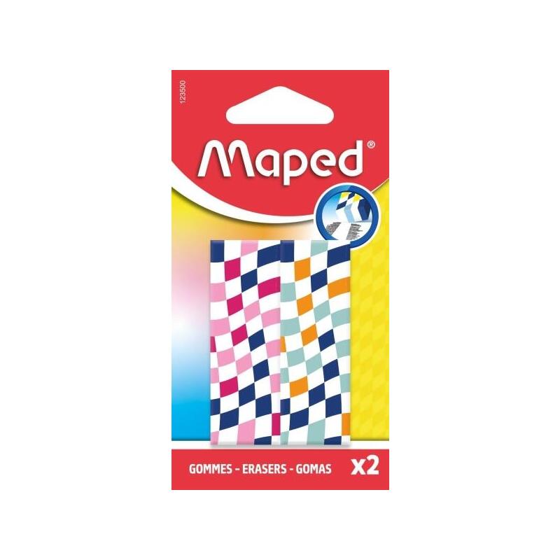 Maped Pack De 2 Gomas De Borrar Con 3 Diseños Damero - Forma Rectangular - Sin Ftalatos - Colores Surtidos