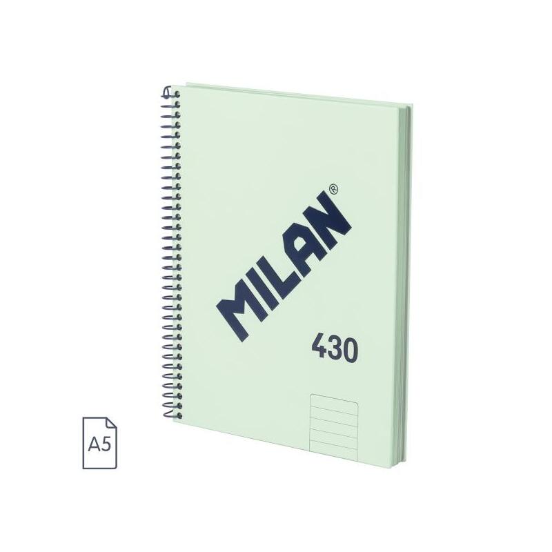 Milan 430 Since 1918 Cuaderno A5 Con Espiral - Papel A Lineas De 7mm - 80 Hojas De 95g - Tapa Dura - Menta