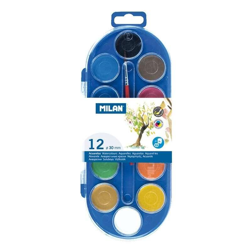 Milan Estuche De 12 Acuarelas Ø30 Mm + Pincel Serie 101 - Mezclable - Colores Surtidos