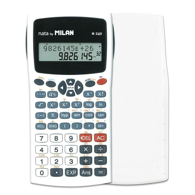 Milan M240 Calculadora Cientifica 10+2 Digitos - Pantalla De 2 Lineas - 240 Funciones Integradas Incluyendo 124 Cientificas - Carcasa Protectora - Color Blanco