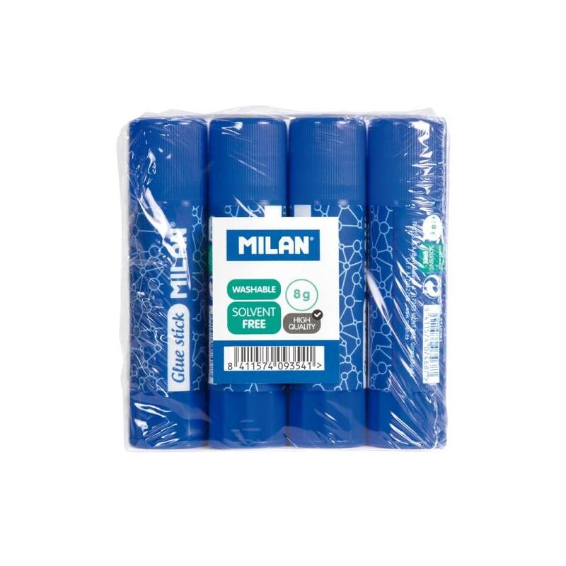 Milan Pack 4 Barras De Pegamento 8 G - Multiusos - Multisuperficies - Sin Disolventes - Uso Escolar - Azul