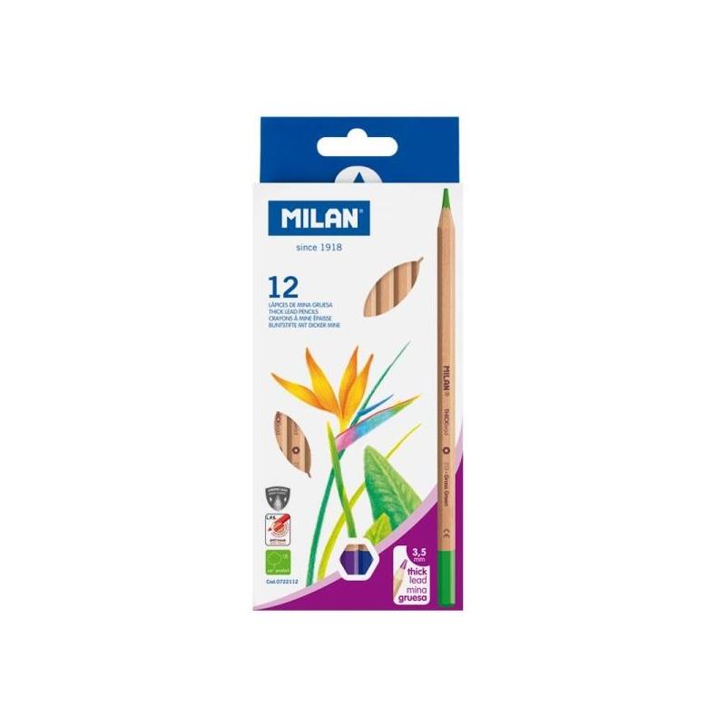 Milan Pack De 12 Lapices Hexagonales De Colores - Mina Gruesa 3.5mm - Resistente A La Rotura - Madera Certificada Fsc -