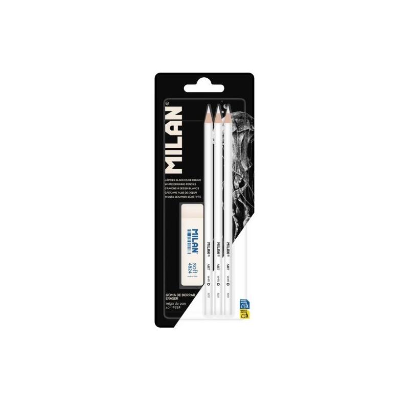 Milan Pack De 3 Lapices + 1 Goma Para Dibujo - Mina Blanca Para Papel Oscuro - Miga De Pan Flexible - Blanco