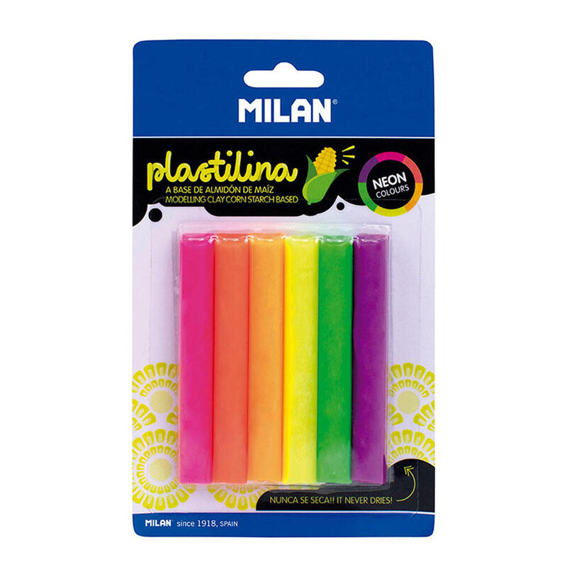 Milan Pack De 6 Barritas Plastilina De Colores - 100% Vegetal - Muy Moldeable - No Se Seca - Colores Mezclables - 70g -