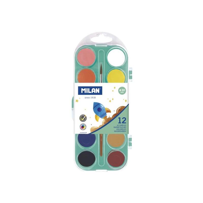 Milan Paleta De 12 Acuarelas Opacas De 30mm - Practico Estuche - Incluye Pincel - Colores Surtidos