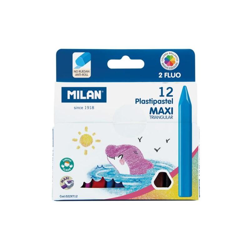 Milan Pastipastel Maxi Pack De 12 Ceras De Colores Triangulares - Contiene 2 Ceras Fluo - Colores Surtidos