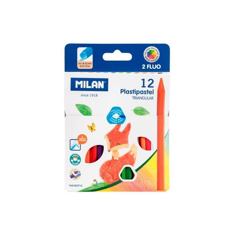 Milan Plastipastel Ceras Triangulares 10 Colores Básicos + 2 Fluor -Caja 12u-