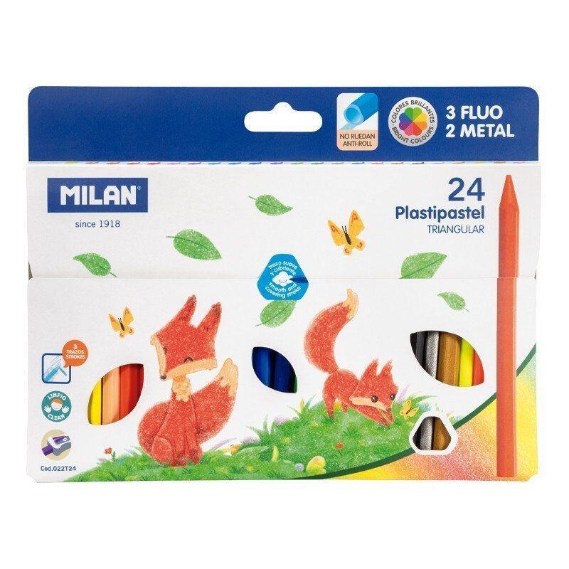 Milan Plastipastel Ceras Triangulares 19 Colores Básicos + 3 Fluor + 2 Metal -Caja 24u-