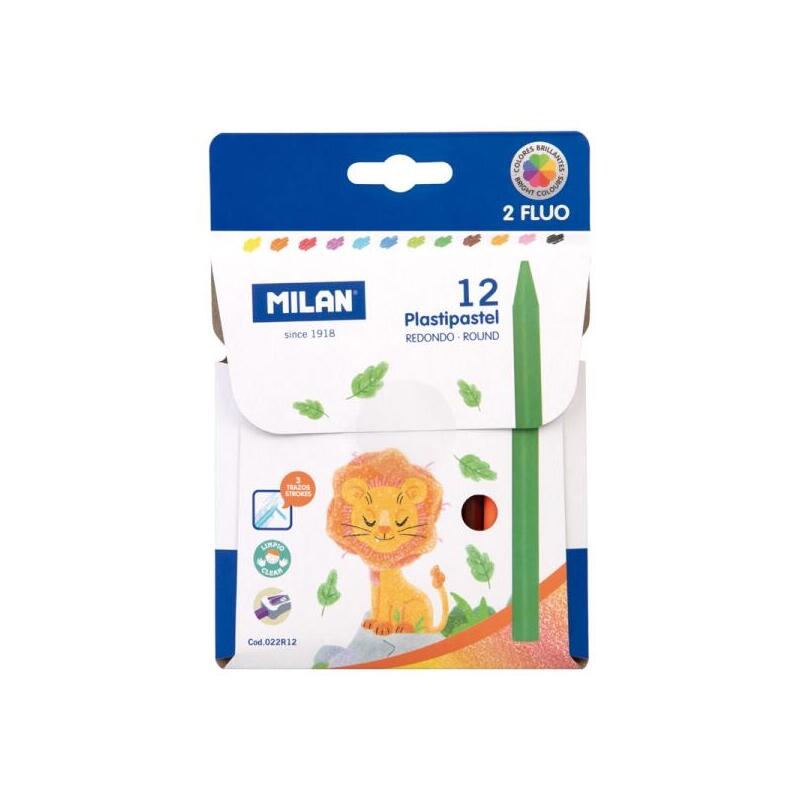 Milan Plastipastel Pack De 12 Ceras De Colores Redondas - Contiene 2 Ceras Fluo - Colores Surtidos