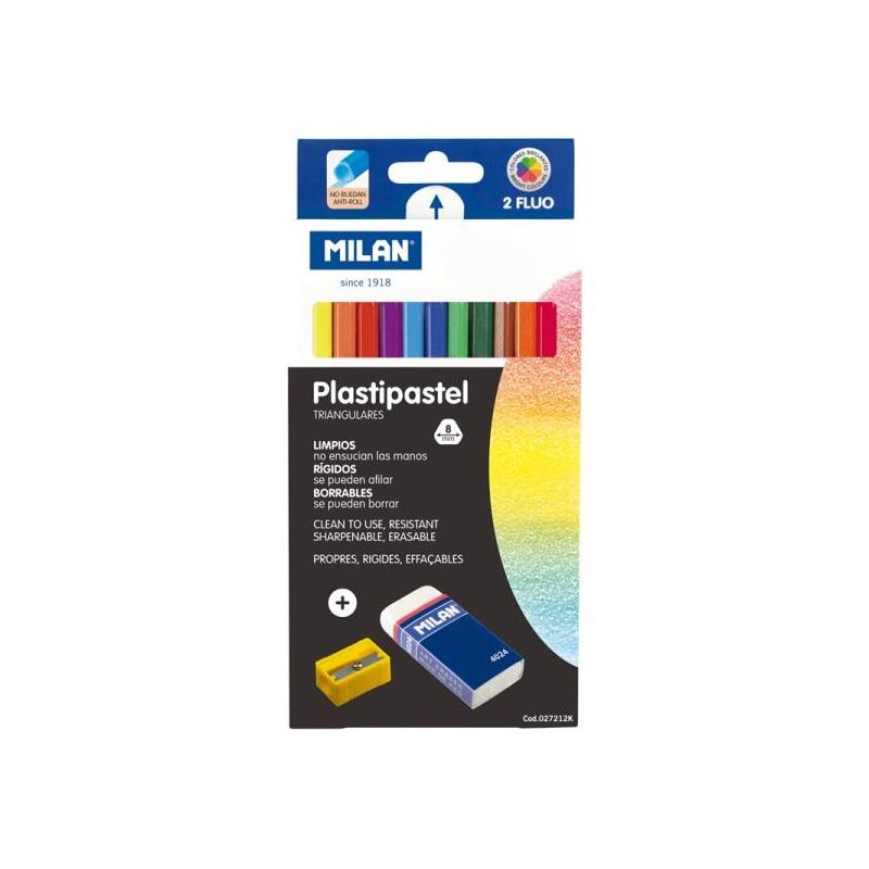 Milan Plastipastel Pack De 12 Ceras De Colores Triangulares - Incluye Goma Y Sacapuntas - Bandeja Interior - Colores
