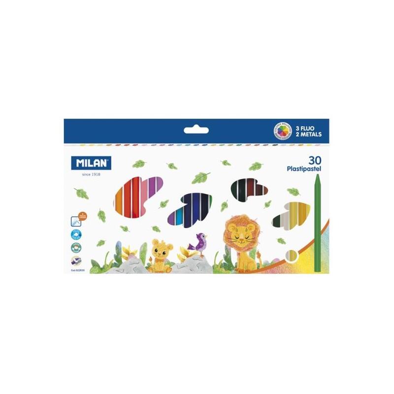 Milan Plastipastel Pack De 30 Ceras De Colores Redondas - Contiene 3 Ceras Fluo Y 2 Metal - Colores Surtidos