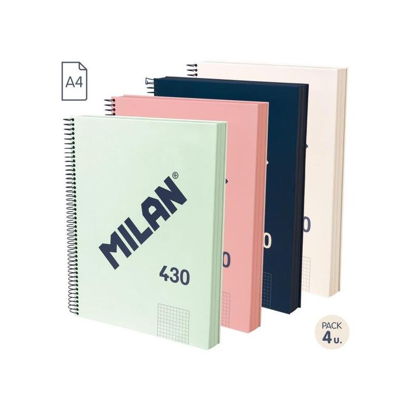 Milan Serie 1918 Pack De 4 Cuadernos Espiral Formato A4 Cuadricula 5x5mm - 120 Hojas De 95 Gr/M2 - Microperforado, 4