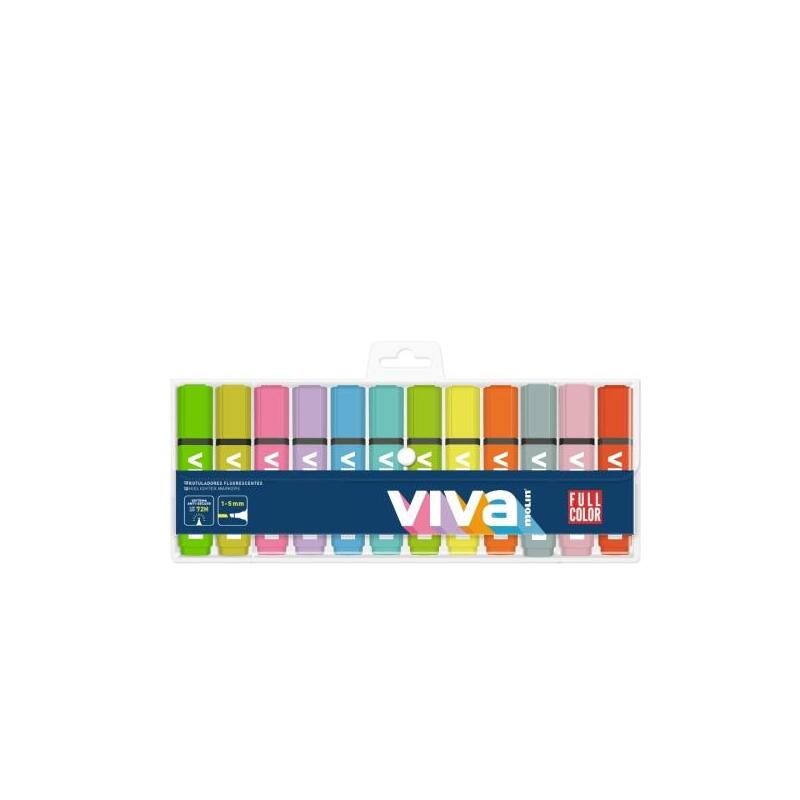 Molin Viva Pack De 12 Marcadores Fluorescentes - Trazo Entre 1 Y 5mm - Tinta Con Base De Agua - Colores Surtidos