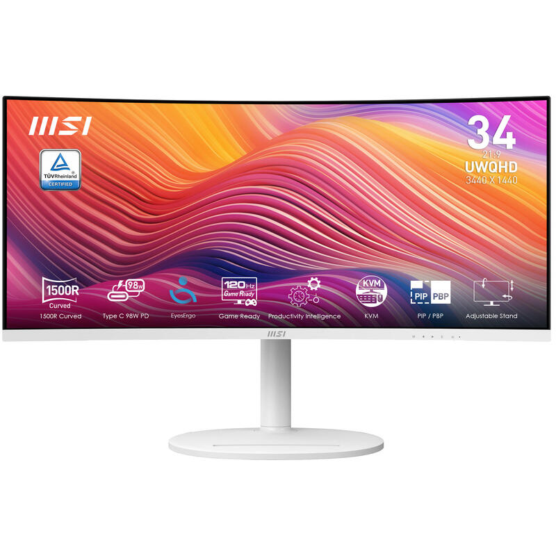 Monitor Msi Modern Md342cqpwde Led 34", Blanco, Wqhd, Va, Curvo, Adaptive-Sync, Hdmi, Displayport, Usb-C, Panel 120hz 9s6-3pc59h-013