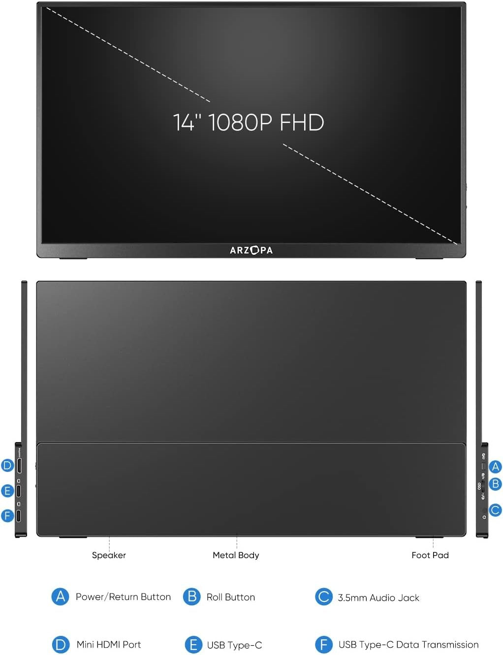 Monitor Portátil Arzopa A1 Gamut Slim De 14" Fhd Ips Con Hdmi Usb-C Para Pc Mac Xbox Ps4 Ps5