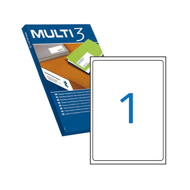 Multi3 Pack De 100 Etiquetas Blancas Cantos Romos Tamaño 199.6x289.1mm Con Adhesivo Permanente Para Multiples Usos