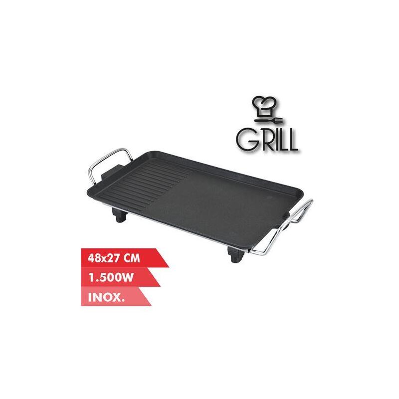 Muvip Plancha De Asar Electrica 1500w - 2 Zonas Lisa Y Grill - Placa Antiadherente - Asas Tacto Frio - Termostato Extraible - Superficie 48x27cm