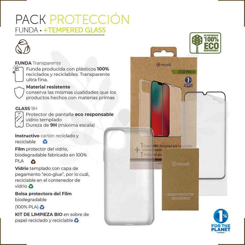 Muvit For Change Funda Compatible Con Apple Iphone 14 + Protector De Pantalla Vidrio Templado Plano Marco Negro