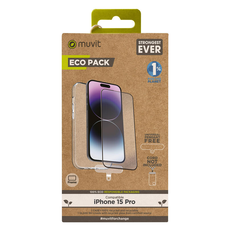 Muvit For Change Funda Compatible Con Apple Iphone 15 Pro + Protector De Pantalla Vidrio Templado Plano Marco Negro