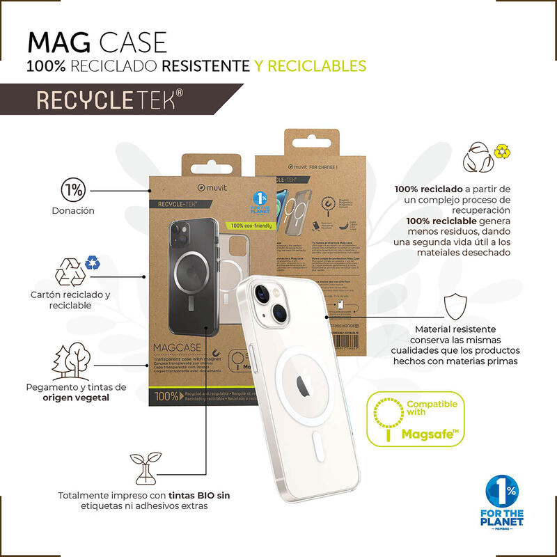 Muvit For Change Funda Recycletek Magsafe Compatible Con Apple Iphone 14 Pro Transparente