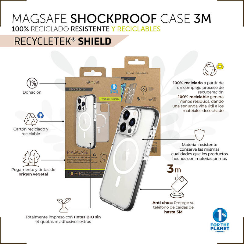 Muvit For Change Funda Recycletek Magsafe Shockproof 3m Compatible Con Apple Iphone 14 Transparente/Negra