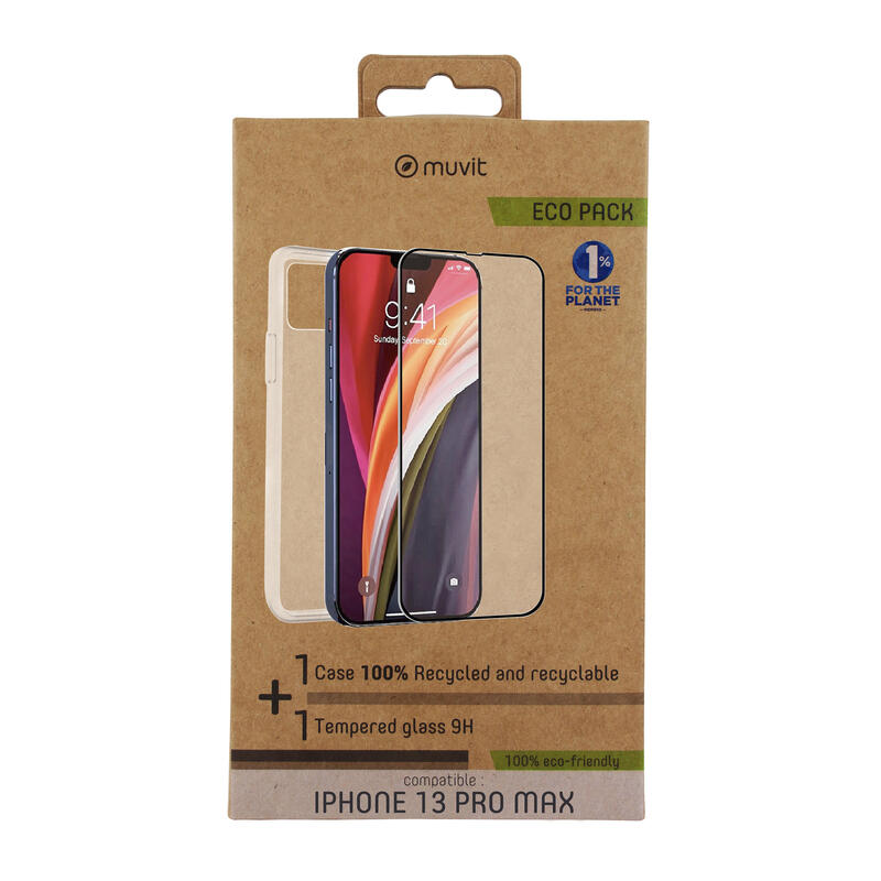 Muvit For Change Pack Apple Iphone 13 Pro Max Funda Cristal Soft+Protector De Pantalla Vidrio Templado Plano Marco Negro