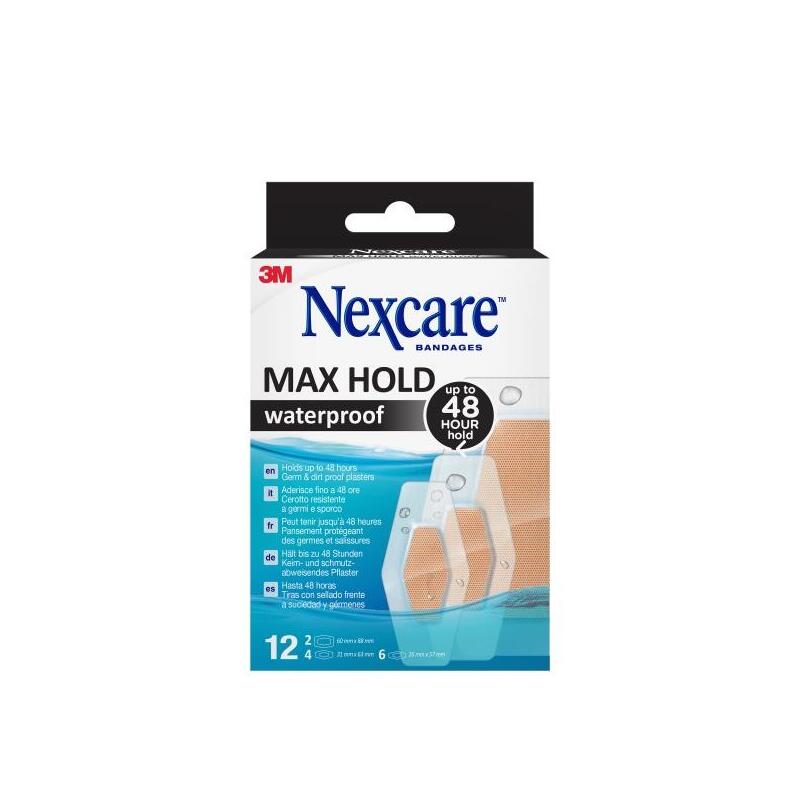 Nexcare Max Hold Waterproof Pack De 12 Apositos Surtidos - Impermeable - Fijacion 48h - Transpirable - Color