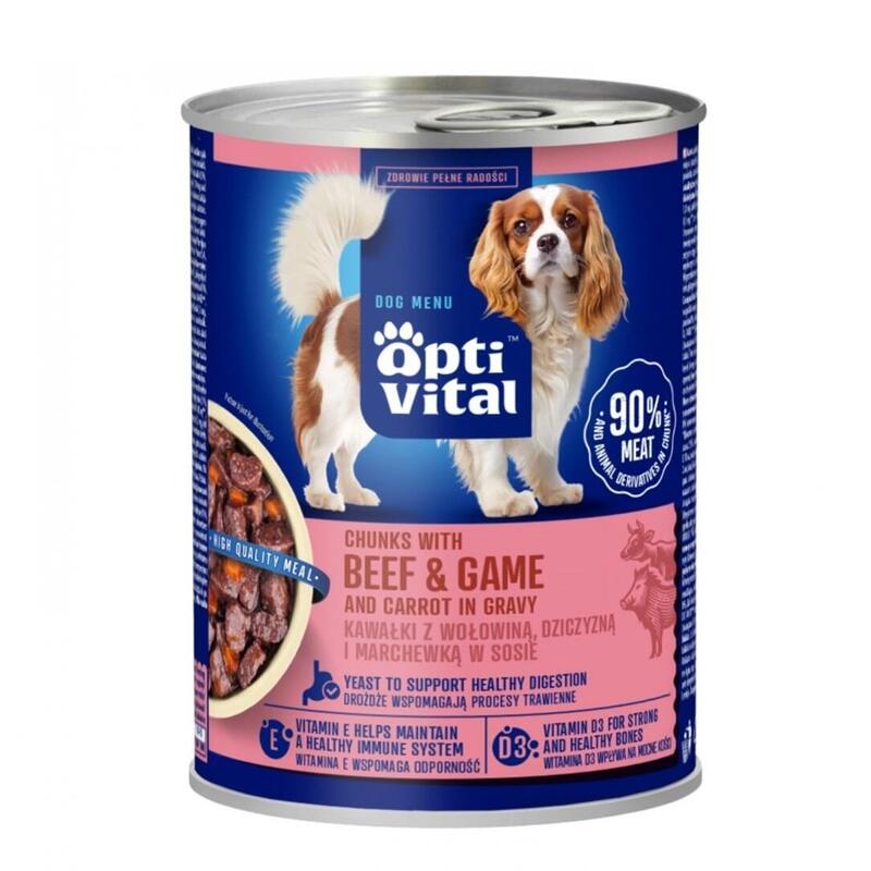 Optivital Lata - Trozos Jugosos Para Perros Adultos Con Carne De Res Y Venado En Salsa 415g